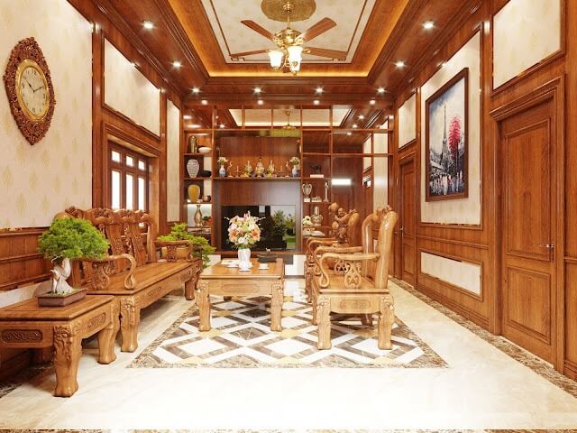 Phòng khách sang trọng với nội thất gỗ tự nhiên và trang trí tinh tế, tạo không gian ấm cúng và đẳng cấp.