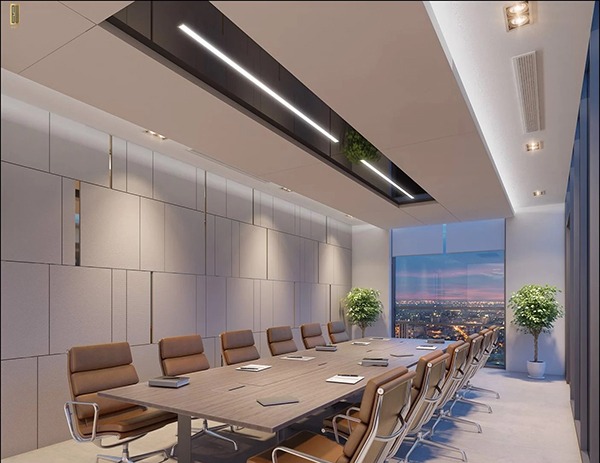 Phòng họp hiện đại với bàn dài, ghế da sang trọng, cửa kính lớn nhìn ra cảnh đêm thành phố.