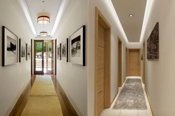 Hai hành lang đẹp với sàn gỗ bóng, tranh treo tường và ánh sáng ấm áp, tạo cảm giác sang trọng và hiện đại.