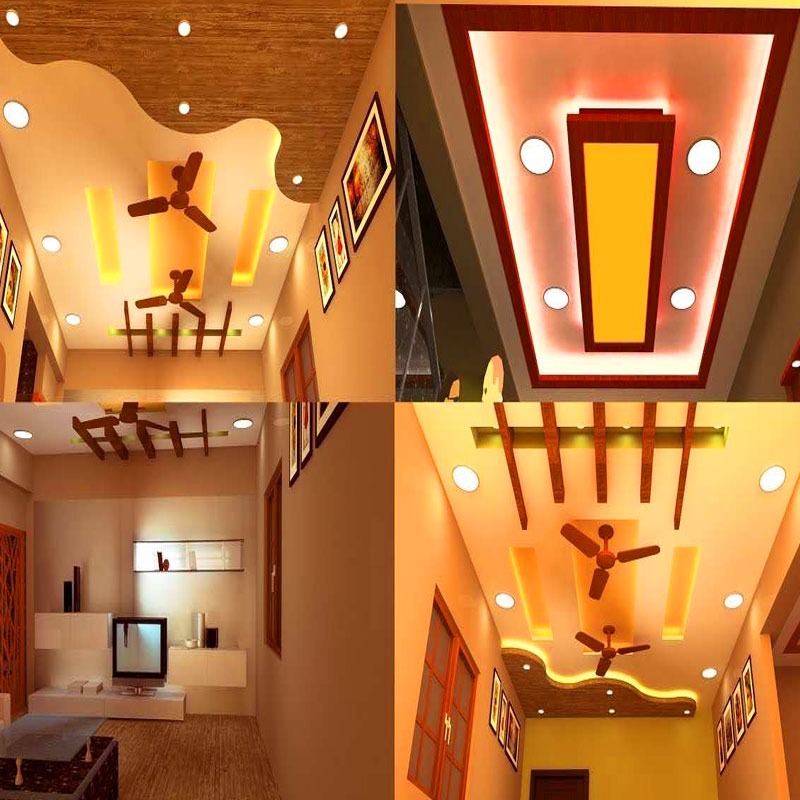 Trần thạch cao thiết kế hiện đại với đèn LED âm trần và quạt trần, tạo không gian nội thất ấm cúng.