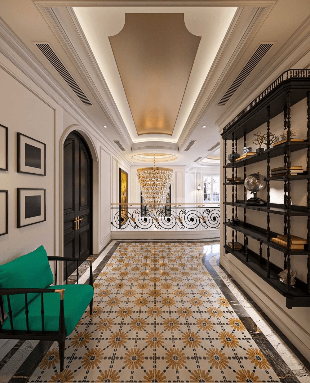 Hành lang sang trọng với đèn chùm lung linh, sàn gạch hoa văn, kệ sách đẹp và ghế sofa xanh.