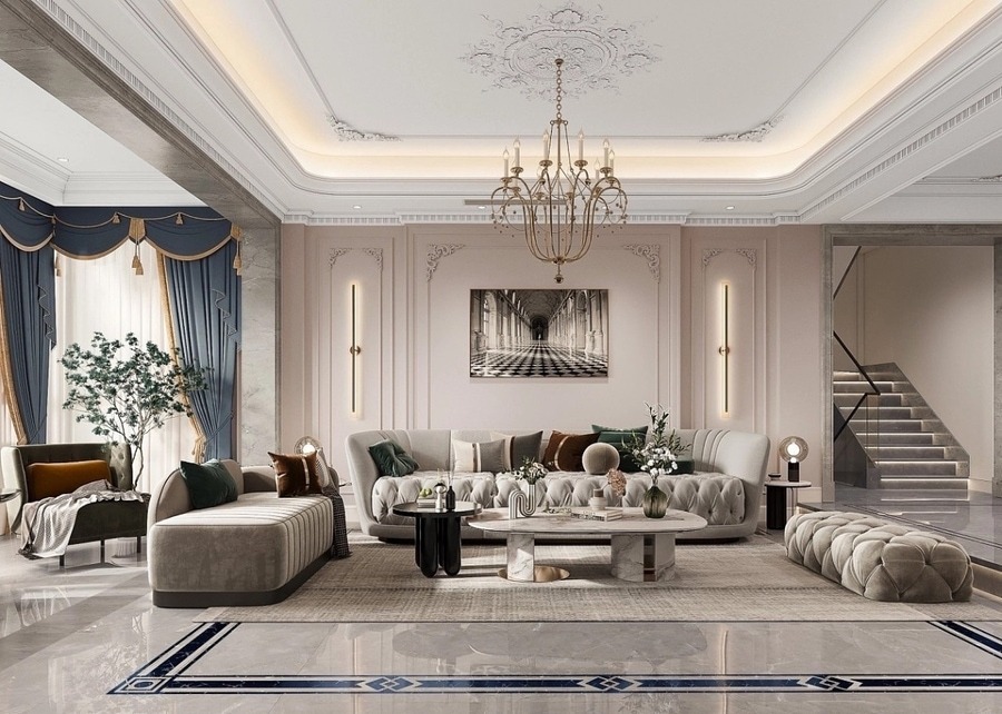 Phòng khách sang trọng với ghế sofa lớn, đèn chùm và cầu thang hiện đại, ánh sáng tự nhiên từ cửa sổ lớn.