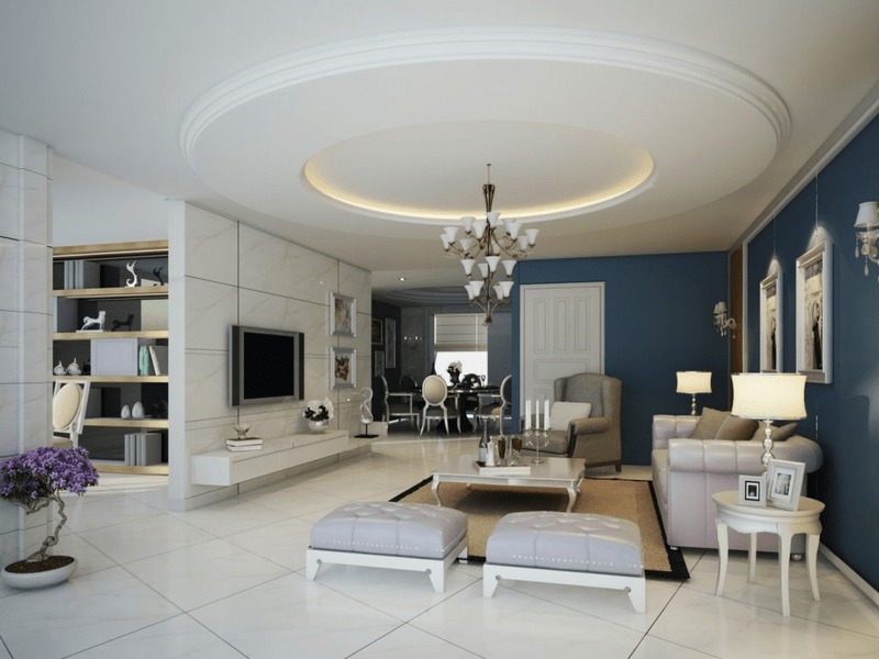 Phòng khách sang trọng với trần giả, đèn chùm và nội thất hiện đại, màu sắc nhẹ nhàng sáng tạo không gian thoáng đãng.