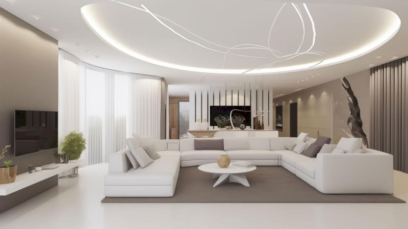 Phòng khách hiện đại với sofa trắng, bàn tròn và ánh sáng trần độc đáo, tạo không gian sáng sủa và sang trọng.