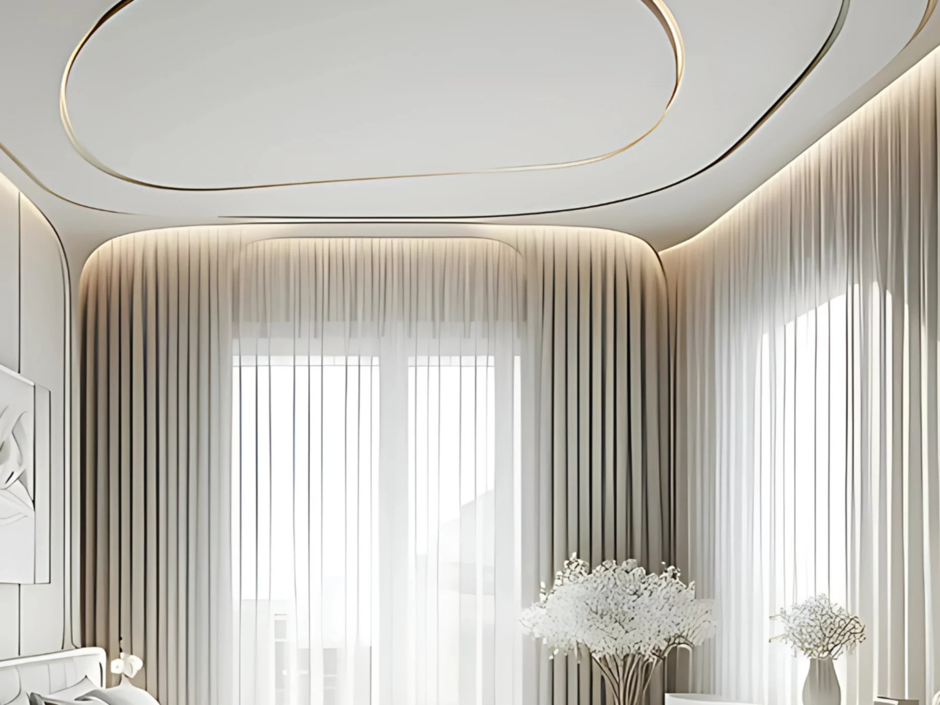 Trần nhà hiện đại với đường cong nghệ thuật và rèm cửa trắng trang nhã, tạo không gian thanh lịch và tinh tế.