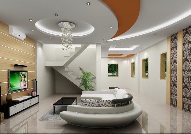 Phòng khách hiện đại với sofa tròn, trần thạch cao và cầu thang. Nội thất sang trọng, không gian mở và ánh sáng tự nhiên.