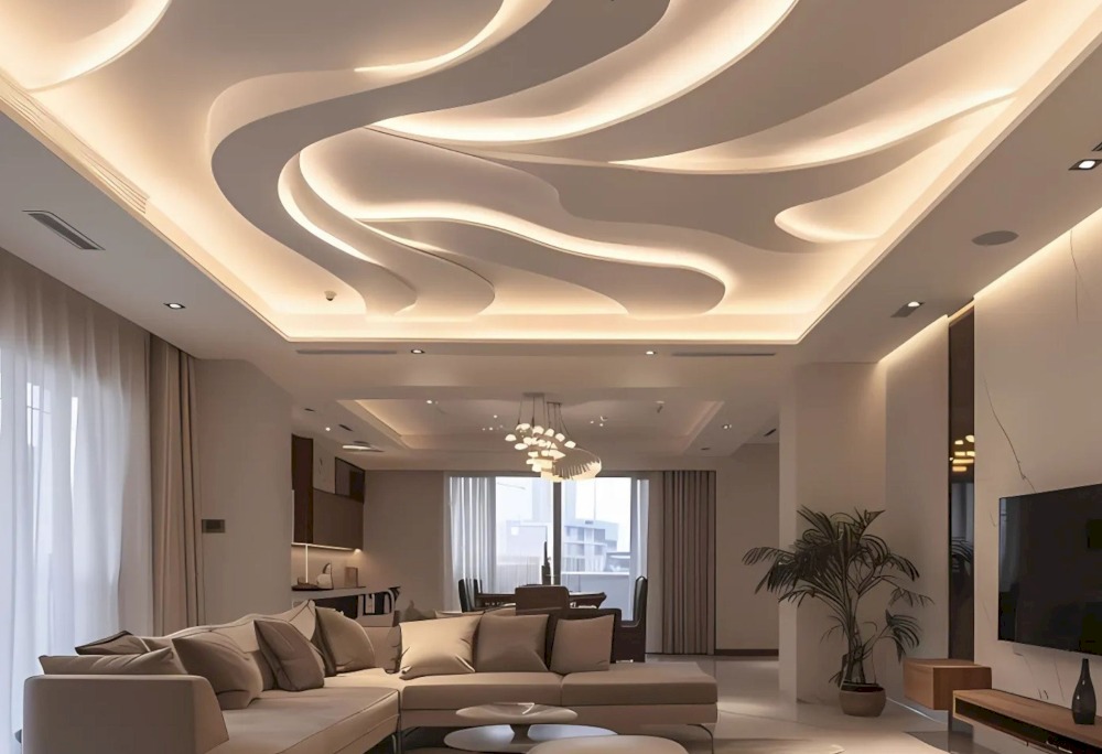Phòng khách hiện đại với trần nhà thiết kế nghệ thuật và đèn LED âm trần.