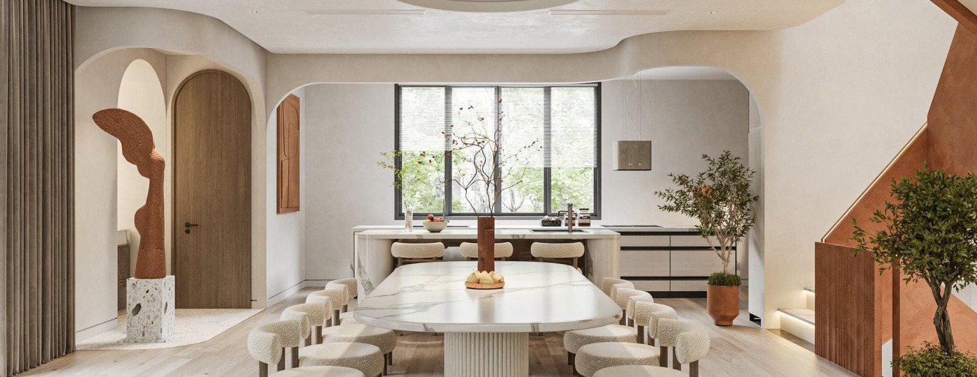 mau-tran-thach-cao-uon-cong-tinh-te-9 Phòng ăn hiện đại với bàn dài, ghế bọc nệm và bức tượng điêu khắc độc đáo, nội thất màu trung tính.