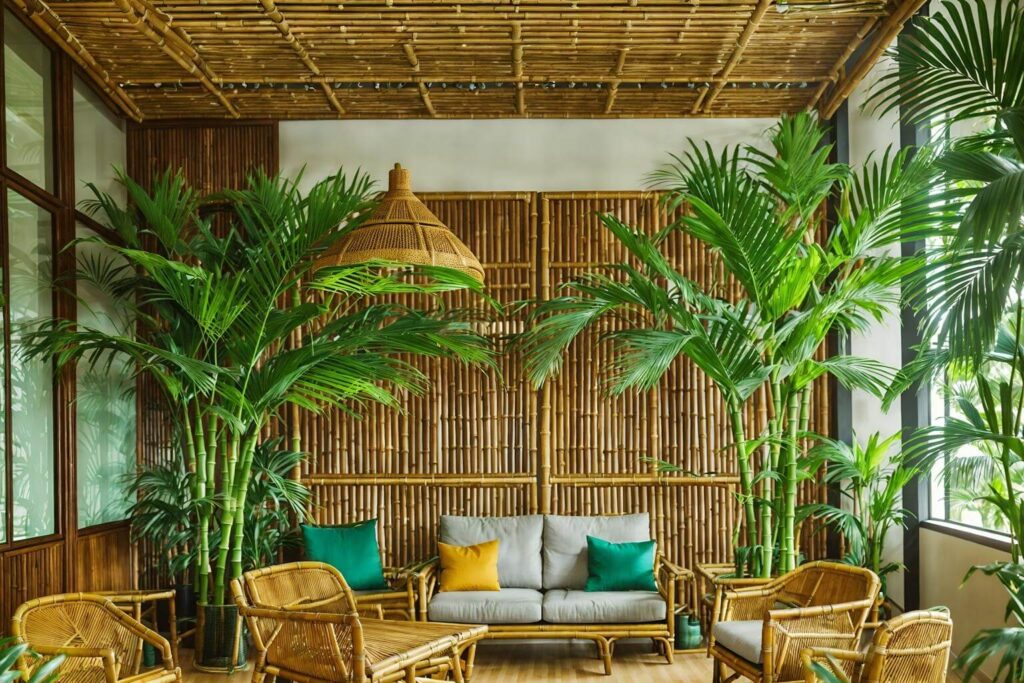 Phòng khách phong cách nhiệt đới với nội thất tre và cây xanh, ghế sofa xám, gối tựa màu vàng, xanh.