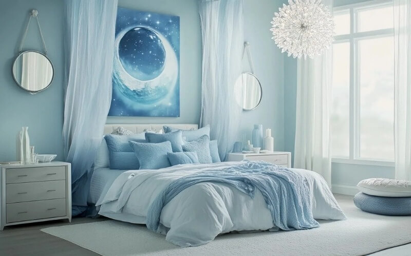 Phòng ngủ tông xanh nhạt với giường êm ái, đèn chùm tinh tế và tranh mặt trăng, tạo không gian thư giãn thanh bình.