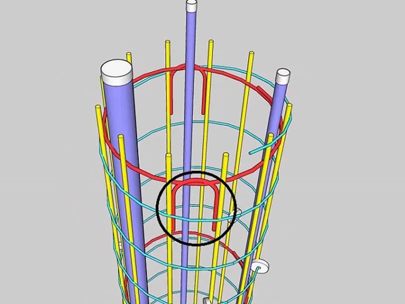 moc-treo-1 Mô hình 3D thép cọc bê tông với thanh xà và vòng tròn màu sắc khác nhau, tối ưu hóa thiết kế công trình.