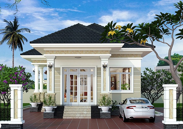 Nhà cấp 4 mái thái hiện đại với sân rộng và xe hơi đỗ phía trước, cây xanh xung quanh tạo không gian thoáng đãng.