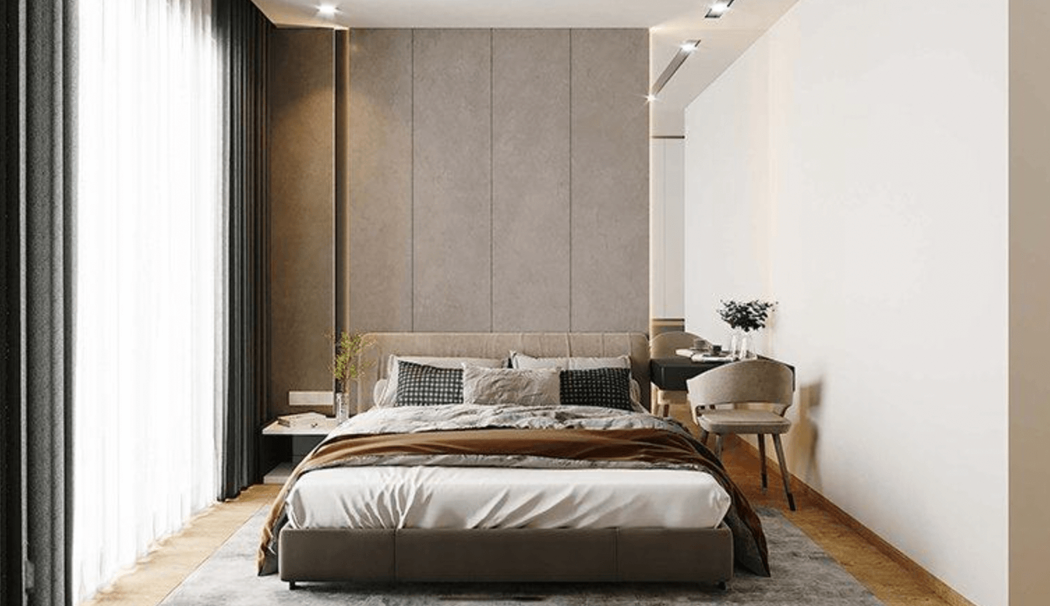 Phòng ngủ hiện đại với giường lớn và trang trí tinh tế, tường màu xám, rèm cửa sổ tối màu.
