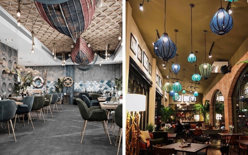 Nhà hàng trang trí nội thất độc đáo với đèn lồng và màu sắc hài hòa, tạo không gian ấm cúng và sang trọng.