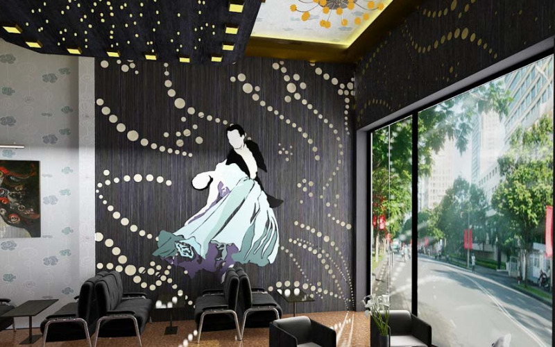 Phòng khách hiện đại với tranh tường nghệ thuật và cửa sổ kính lớn nhìn ra đường phố xanh.