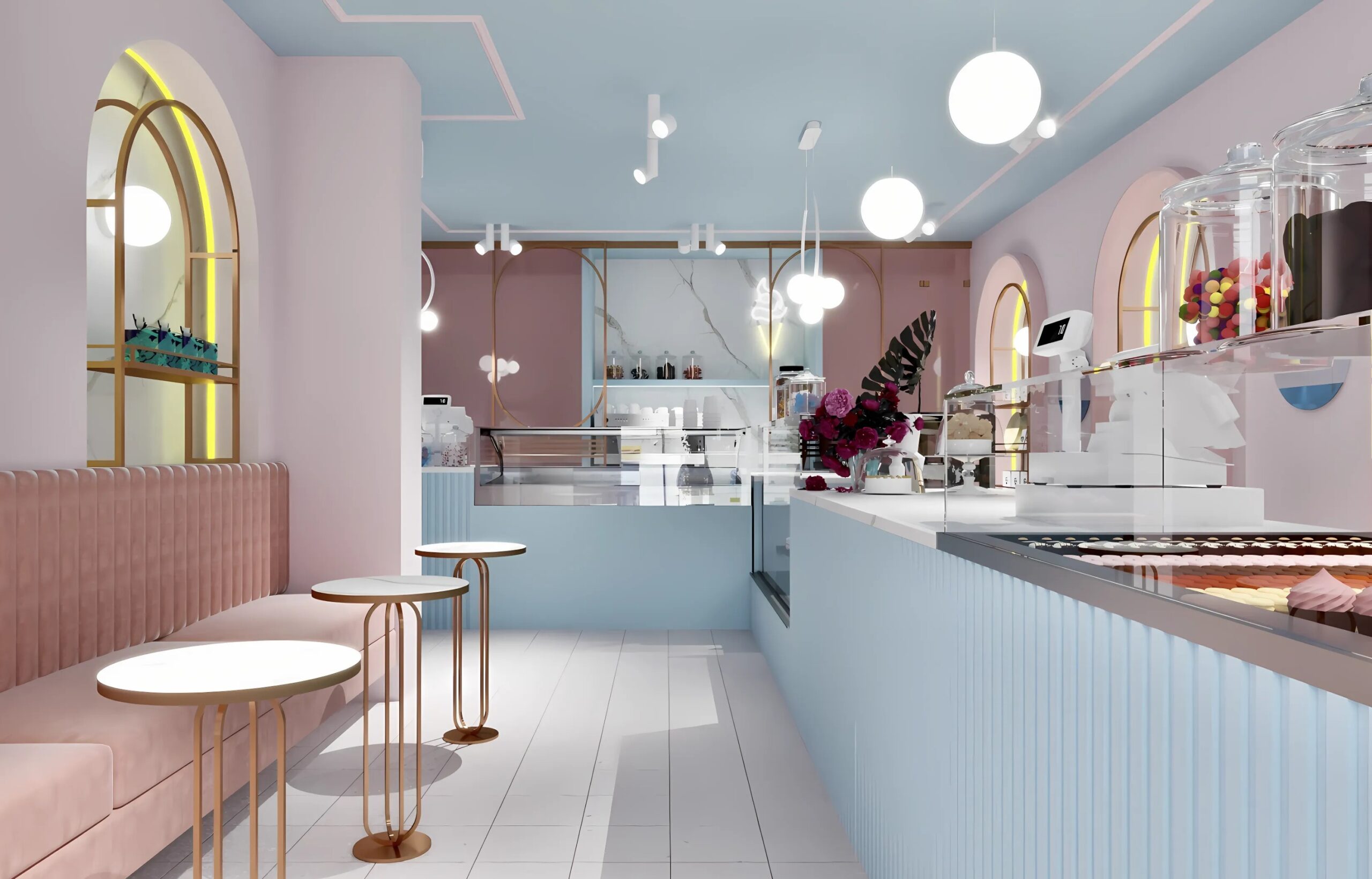 Quán cà phê với thiết kế hiện đại, màu sắc pastel nhẹ nhàng, nhiều ánh sáng và bàn ghế thanh lịch.