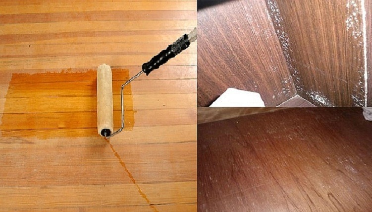 Lăn sơn dầu cầu thang gỗ bên trái, chỉnh sửa vết nứt sàn gỗ bên phải.