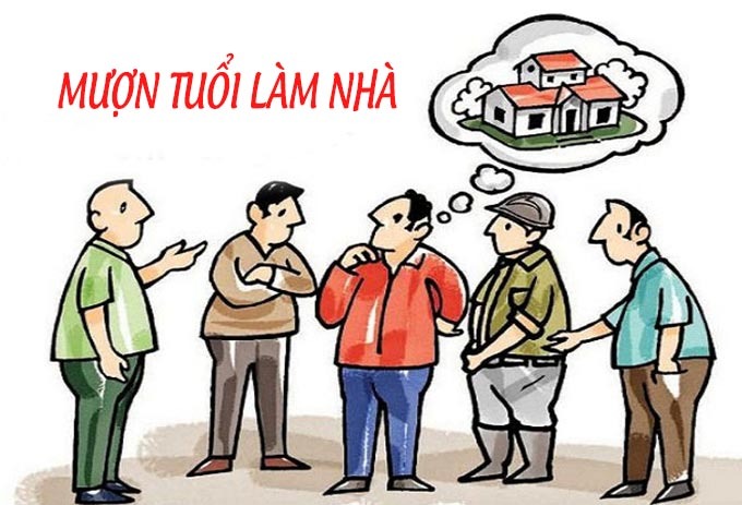 muon-tuoi-de-xay-nha Nhóm người thảo luận về việc xây dựng nhà, tiêu đề Mượn Tuổi Làm Nhà và hình ảnh tư tưởng ngôi nhà.