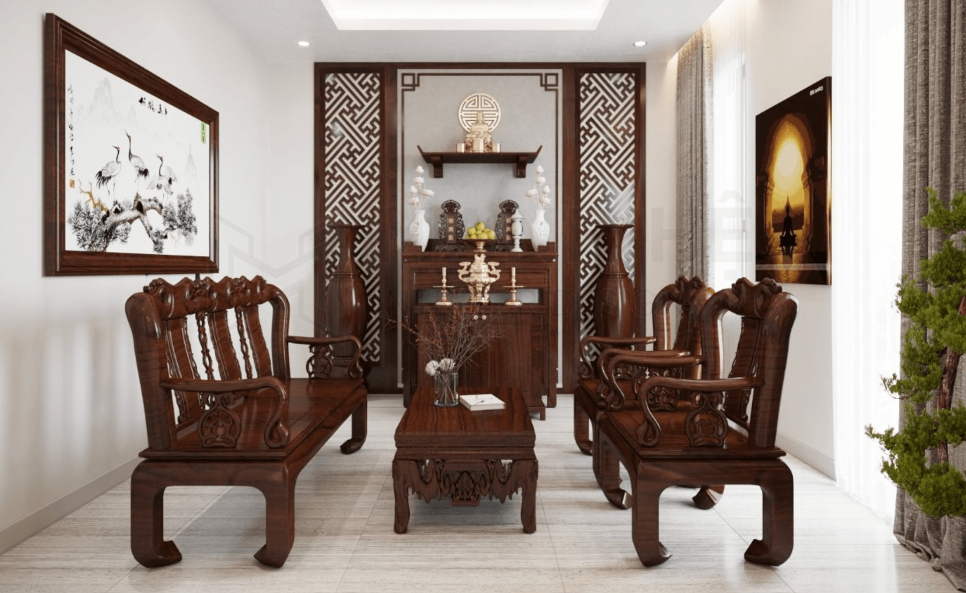 Phòng khách phong cách cổ điển với nội thất gỗ sang trọng và trang trí tinh xảo.