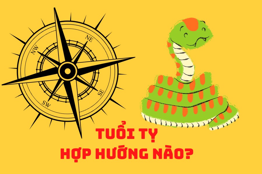 nguoi-tuoi-ty-phu-hop-voi-huong-nao-de-tai-loc-phat-trien Hình ảnh minh họa tuổi Tỵ hợp hướng nào với la bàn và rắn, nền màu vàng.