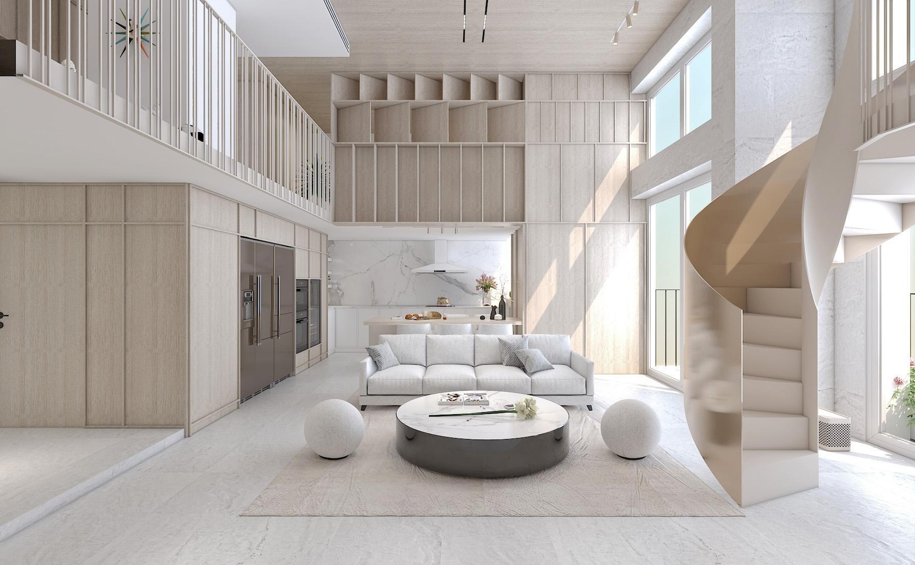 Phòng khách hiện đại với cầu thang xoắn và sofa trắng, trang trí tối giản và ánh sáng tự nhiên.