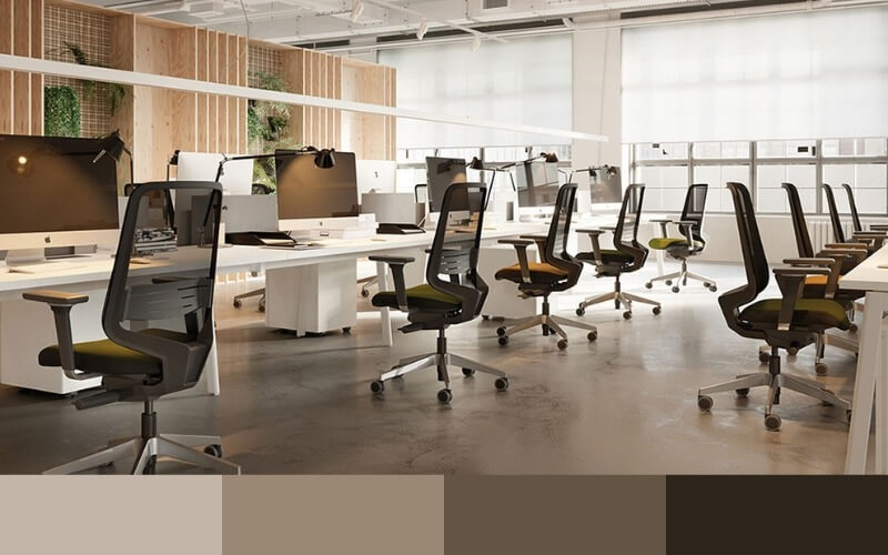 nguyen-tac-phoi-mau-gan-nhau Văn phòng hiện đại với ghế công thái học và bàn làm việc, ánh sáng tự nhiên từ cửa sổ tạo không gian thoáng đãng.