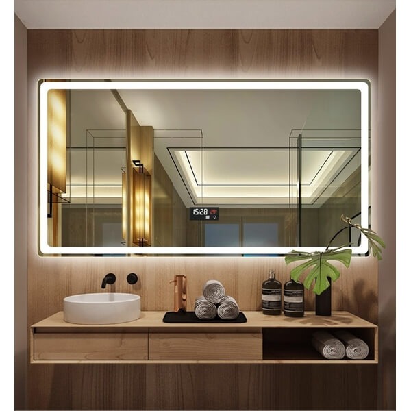 Phòng tắm hiện đại với gương đèn LED, chậu rửa tròn và nội thất gỗ sang trọng.