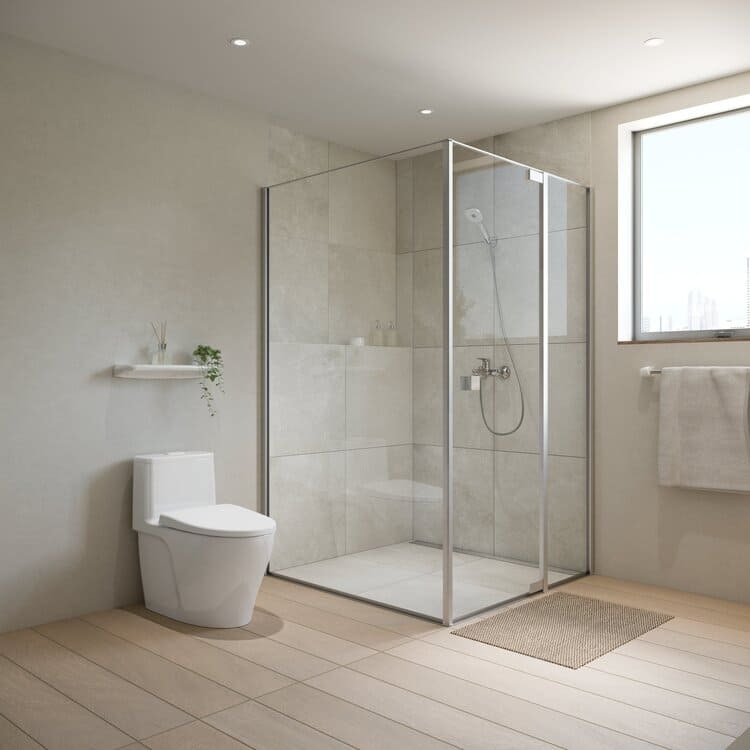 nguyen-tac-thiet-ke-phong-tam-nho-3m2-dep-rong-rai-hon-4 Phòng tắm hiện đại với vòi sen kính và bồn cầu trắng, thiết kế tối giản và sang trọng.