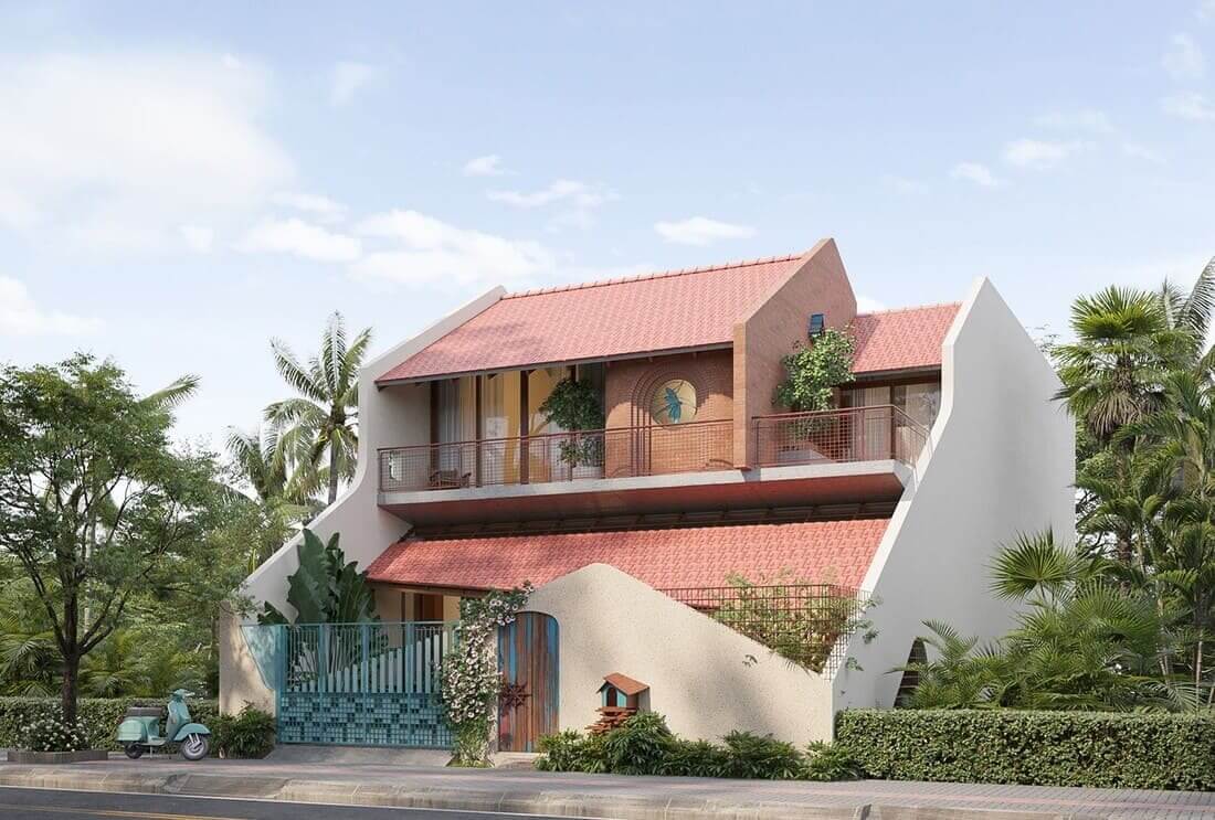 nha-2-mai-ngoi Ngôi nhà hiện đại với mái ngói đỏ, không gian xanh xung quanh, cây cối và xe máy đậu trước cổng.