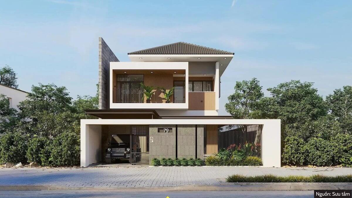 nha-2-mai-sang-trong-hien-dai-4 Mặt tiền ngôi nhà hiện đại hai tầng với gara và cây xanh xung quanh.