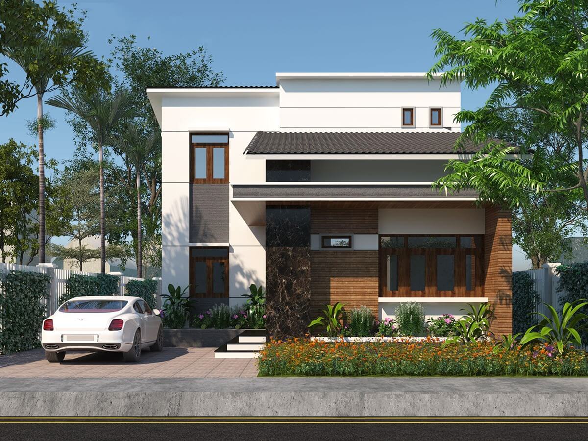 nha-2-mai-truoc-sau-don-gian-3 Nhà hiện đại hai tầng với sân vườn xanh, ô tô đỗ trước cửa.