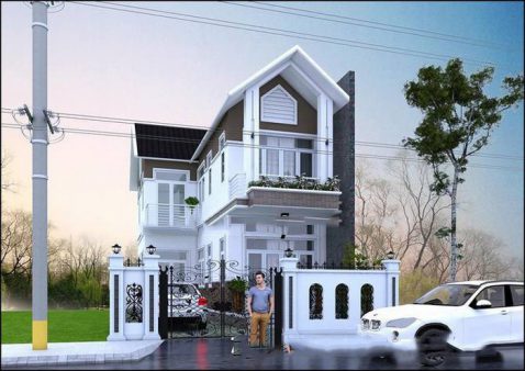 Ngôi nhà hai tầng với thiết kế hiện đại và hàng rào trắng, người đứng trước cổng, xe hơi trắng đỗ bên cạnh.