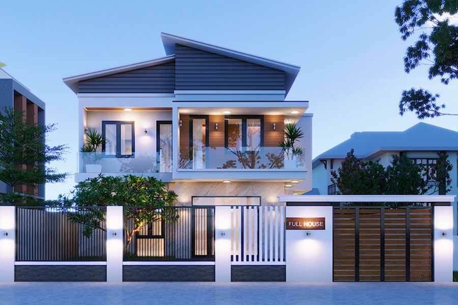 Ngôi nhà hiện đại hai tầng với thiết kế tối giản và sân vườn nhỏ xinh vào lúc chạng vạng.
