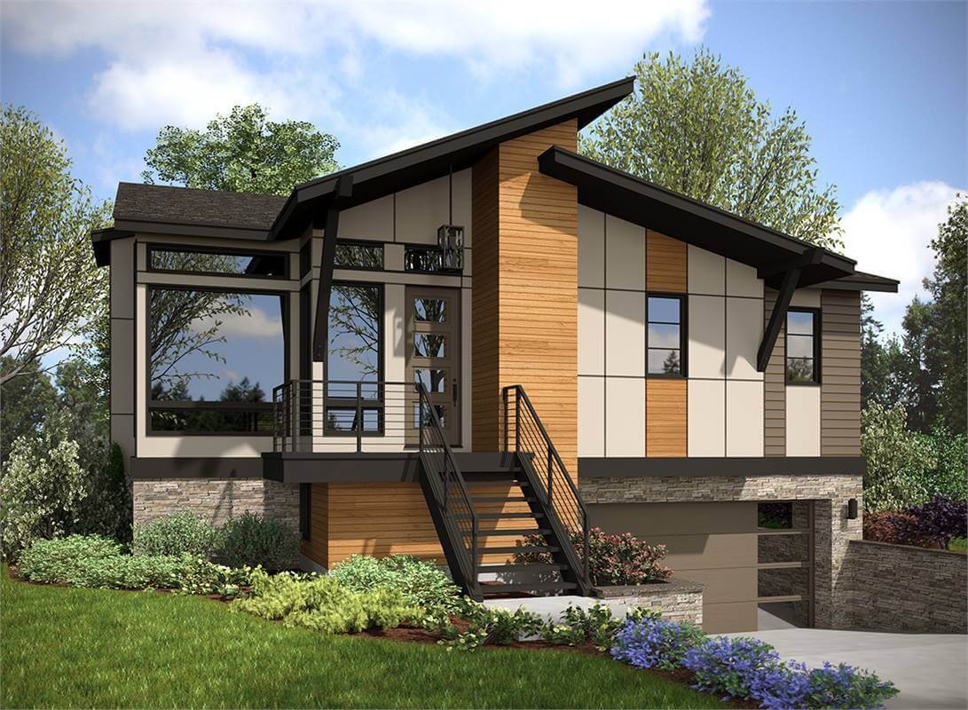 Nhà hiện đại hai tầng với mái nghiêng, tường gỗ và cửa sổ lớn, bao quanh bởi cây xanh và sân vườn.