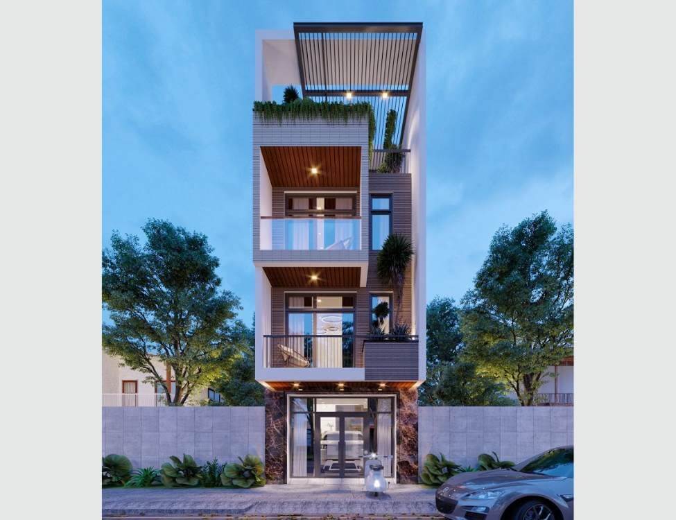 Nhà phố hiện đại ba tầng với cây xanh và ánh sáng tự nhiên, thiết kế sang trọng tại thành phố.