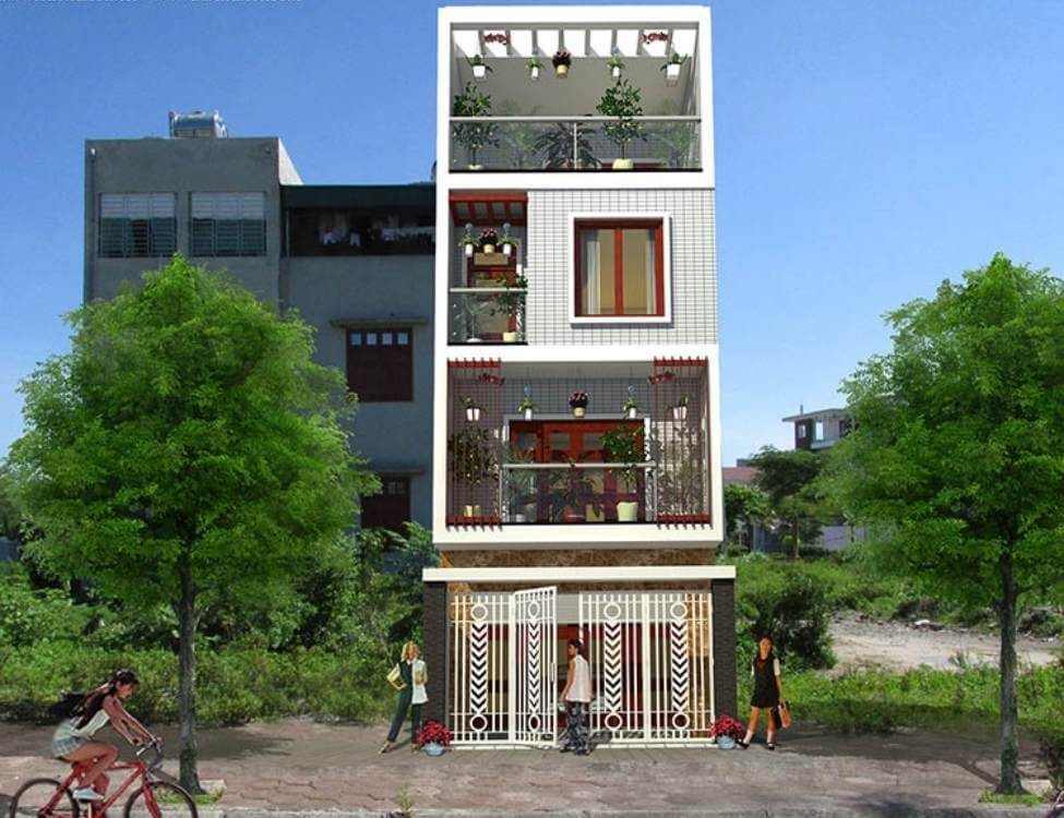 Nhà phố hiện đại ba tầng với ban công và cây xanh, có người đi bộ phía trước, trời xanh.