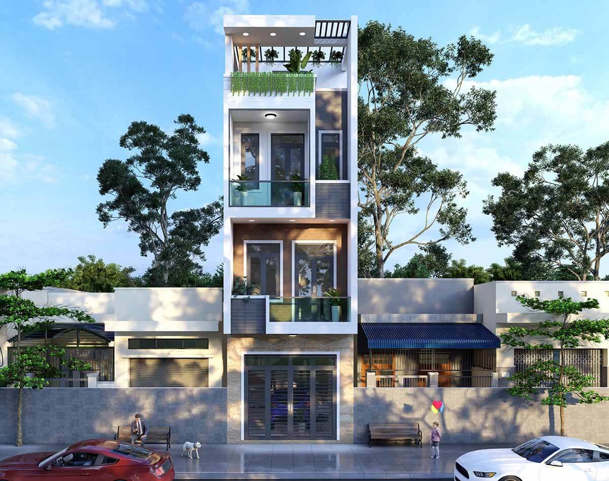 Nhà phố hiện đại ba tầng với cây xanh xung quanh, ô tô đỗ phía trước và người đi bộ bên lề đường.