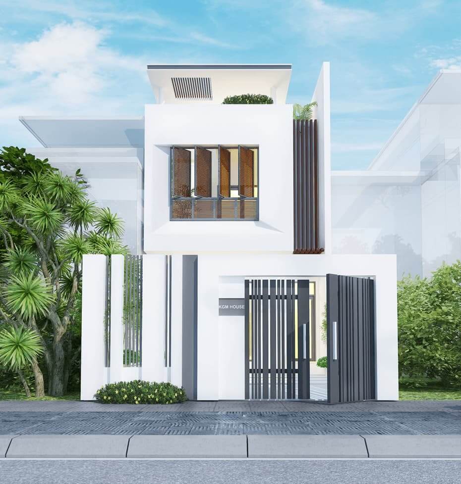 Nhà phố hiện đại với thiết kế trắng, cửa sổ kính lớn và cây xanh bên ngoài.