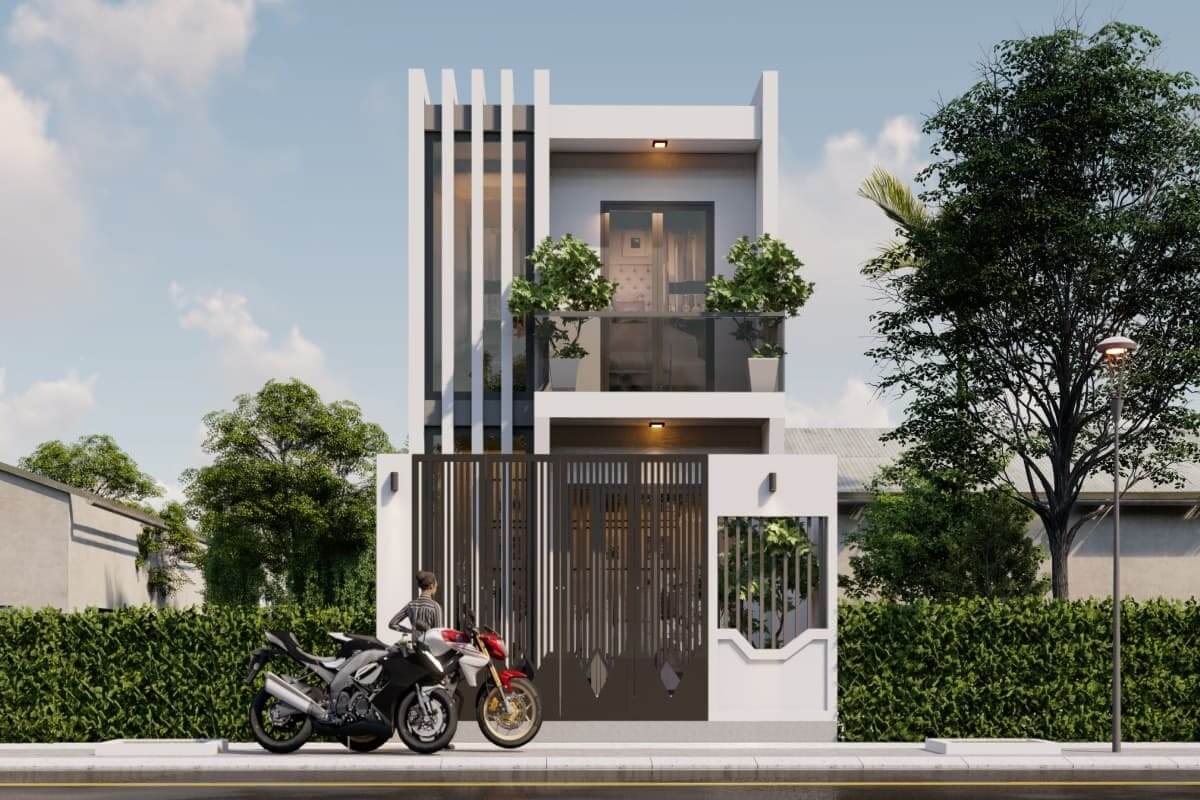 Ngôi nhà phố hiện đại hai tầng với xe máy đỗ phía trước, thiết kế cửa kính và cây xanh trang trí.