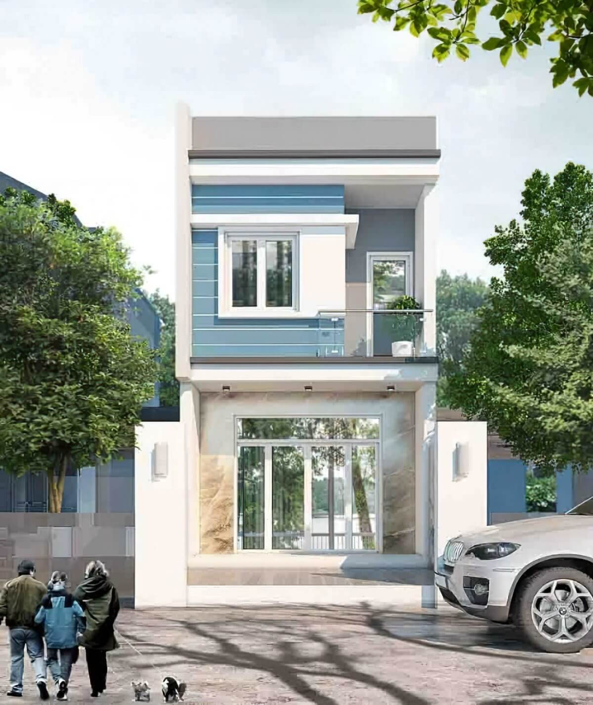 nha-5x12m-2-tang-3-phong-ngu Ngôi nhà phố hiện đại hai tầng với mặt tiền kính xanh, cây cối và ô tô đỗ phía trước.