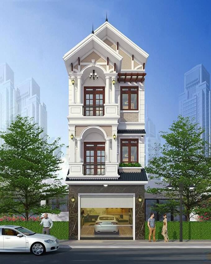 Ngôi nhà phố 3 tầng hiện đại với gara ôtô, cửa sổ lớn và cây xanh xung quanh, phù hợp với đô thị.