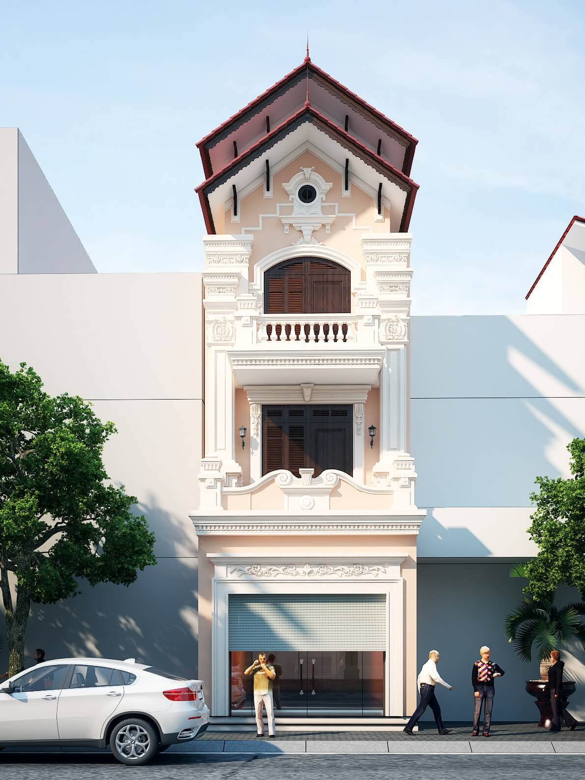 Nhà phố kiểu kiến trúc cổ điển với mặt tiền hẹp và mái ngói đỏ, có cây xanh và ô tô đỗ trước cửa.