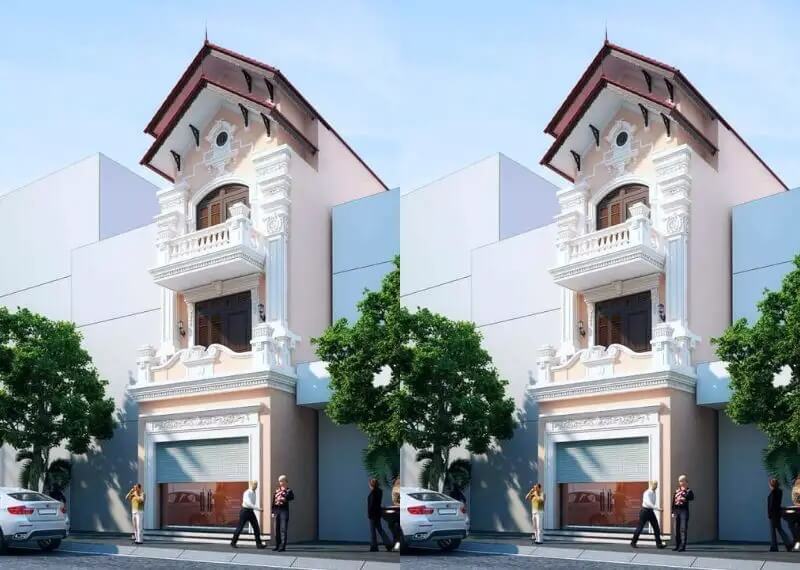 Mặt tiền nhà phố 3 tầng tân cổ điển, cửa sổ gỗ, ban công trang trí, cây xanh trước nhà.