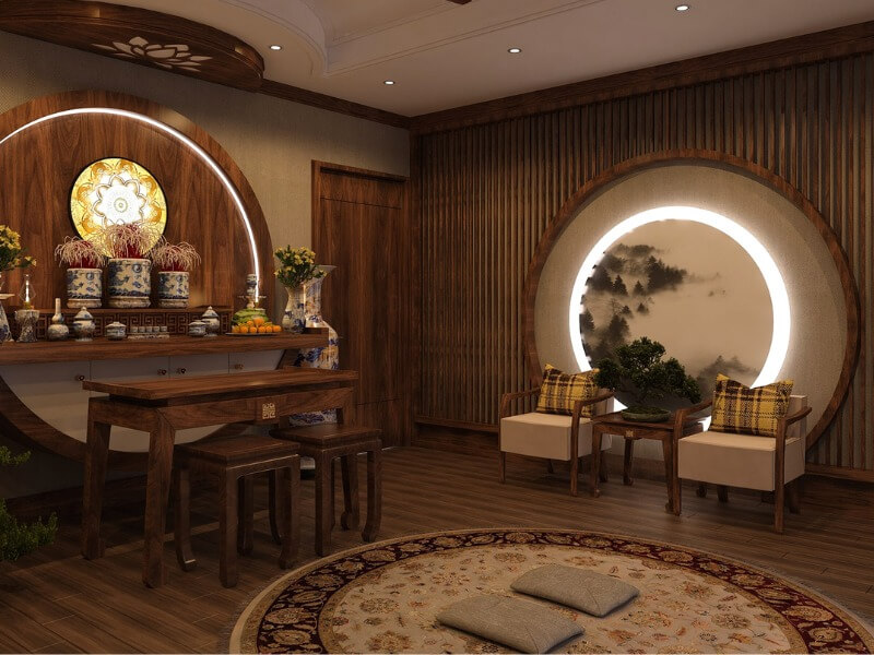 Phòng thờ trang nhã với bàn ghế gỗ, đèn trang trí, và tranh cảnh thiên nhiên, tạo không gian thiêng liêng và ấm cúng.