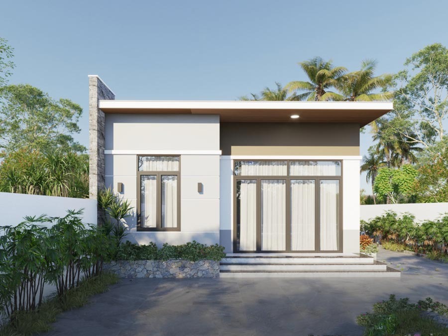 Nhà vườn hiện đại với mái bằng, cửa kính lớn, bao quanh bởi cây xanh, nền trời trong xanh.