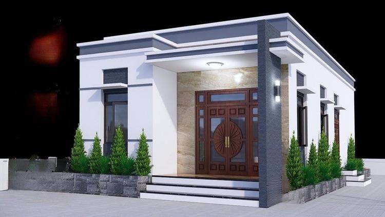 Nhà cấp 4 hiện đại với cửa gỗ, mái bằng, trang trí cây xanh và ánh sáng ban đêm tinh tế.