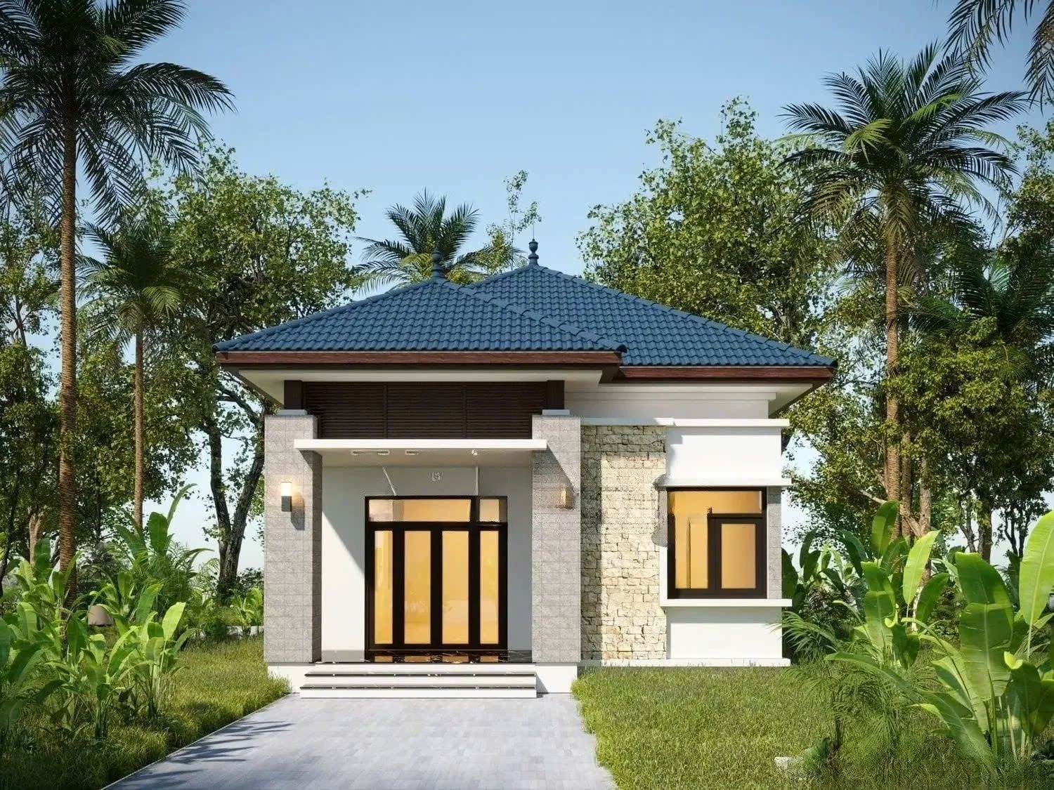 Ngôi nhà cấp 4 với mái ngói xanh, khung cảnh xanh tươi và cây cối xung quanh, thiết kế hiện đại, gọn gàng.