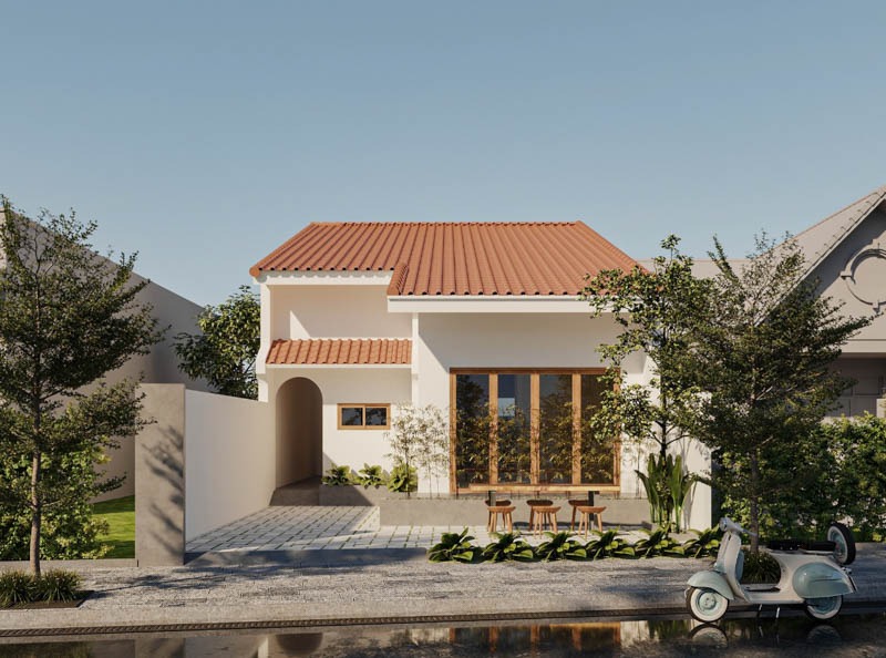 Nhà mái ngói đỏ hiện đại, sân gạch lát, cây xanh, xe scooter đỗ trước cổng dưới trời xanh.