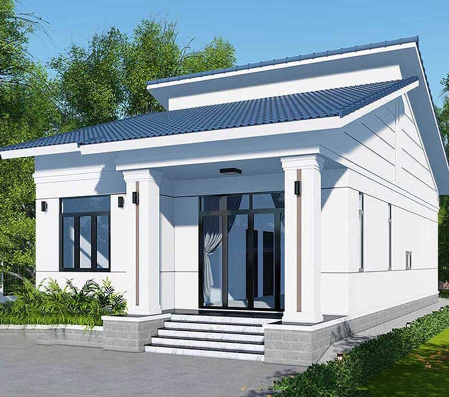 Nhà cấp 4 với mái ngói xanh và màu sơn trắng, thiết kế hiện đại giữa khung cảnh cây xanh.