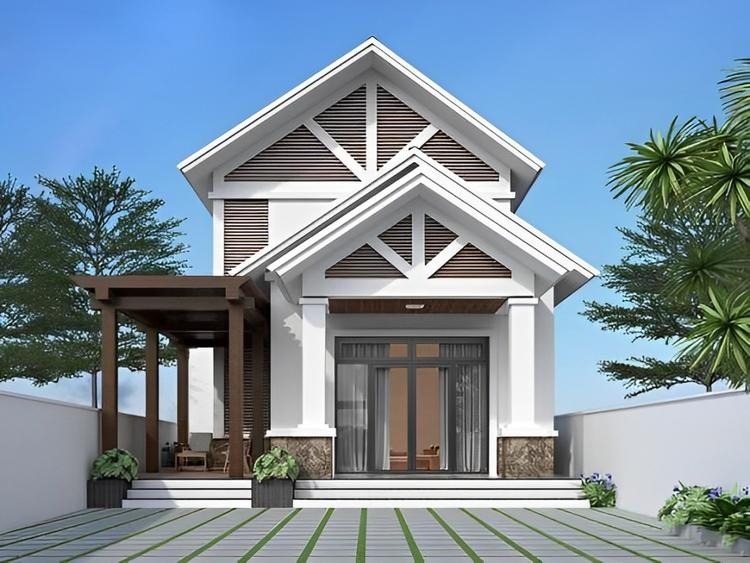 Nhà cấp 4 mái thái hiện đại với sân vườn xanh, thiết kế sang trọng và tinh tế dưới bầu trời trong xanh.